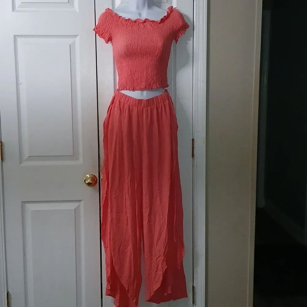 Salty Lemon cropped top wide leg wrap style side pant boho beach Sz M/L NWT
